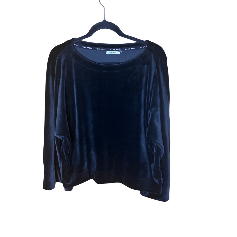 Y2K/90s DKNY Sport Women Black Velour Sweatshirt Boat Neck Pullover Size M